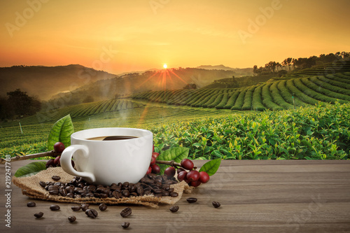Hot coffee cup with fresh organic red coffee beans and coffee roasts on the wooden table and the black background with copyspace for your text.