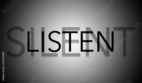 Silent listen text anagram with dark vignette