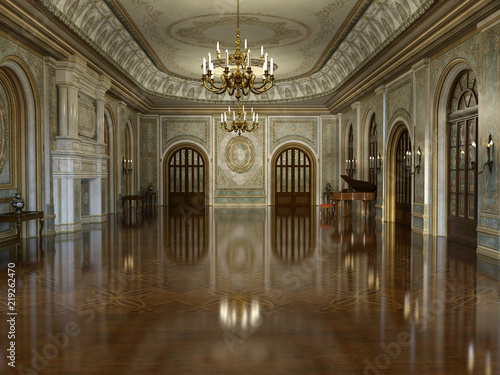 3d render of a golden luxury palace interior decorated with white marble and golden decor