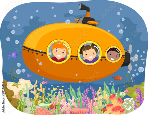 Stickman Kids Submarine Coral Reefs Illustration