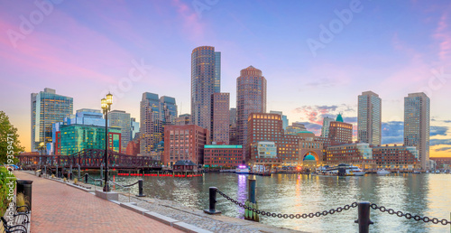 Boston Harbor and Financial District at twilight, Massachusetts...