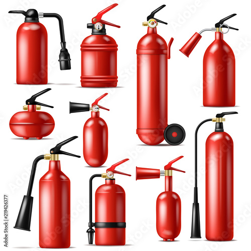 Fire extinguisher vector protection to extinguish flame with fire-extinguisher illustration set of extinguishing equipment of firefighter isolated on white background