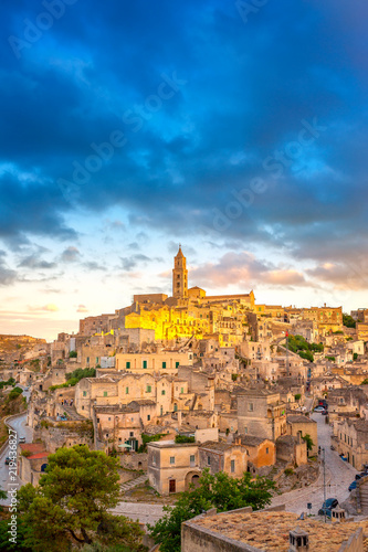 Panorama of the majestic medieval town of Matera on a beautiful sunset, Italy. Europe