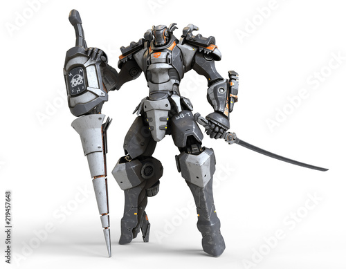 Sci-fi mech warrior holds a large lance with one hand and a katana in the other hand. Futuristic robot with white and gray color metal. Mech Battle. Orange paint. 3D rendering on a white background.