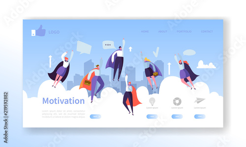 Website Development Landing Page Template. Mobile Application Layout with Flat Flying Business Heroes Man and Woman. Easy to Edit and Customize. Vector illustration