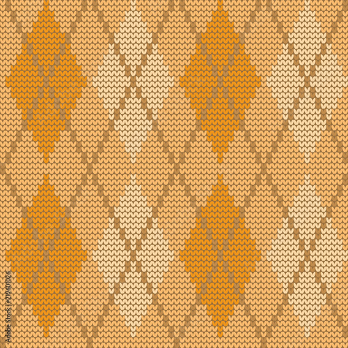 Seamless knitted pattern with rhombuses. Argyle print. Checkered background in yellow colors. Vector illustration