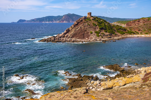 Alghero, Sardinia Italy - Panoramic view of the Cala Porticciolo gulf with Torre del Porticciolo tower in the Porto Conte Regional Park