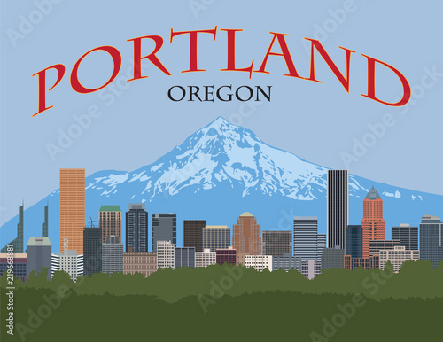 Portland Oregon Skyline with text and background Poster vector Illustration