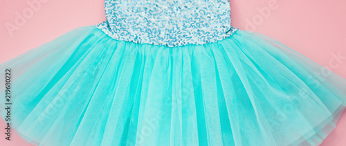 Top view over the girl ballet tutu dress over the pink background. Banner
