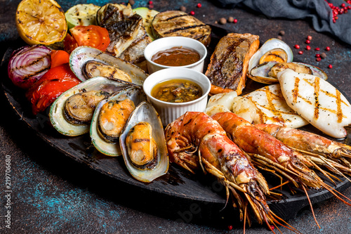 Seafood grilled on plate