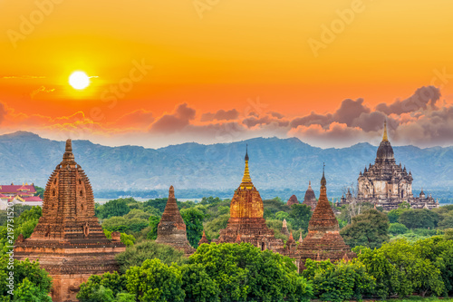 Ancient temple in Bagan after sunset, Myanmar temples in the Bagan Archaeological Zone, Myanmar.