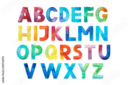 Colorful watercolor aquarelle font type handwritten hand draw abc alphabet letters.