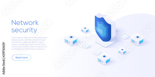 Network data security isometric vector illustration. Online server protection system concept with datacenter or blockchain. Secure bank transaction with password verification via internet.