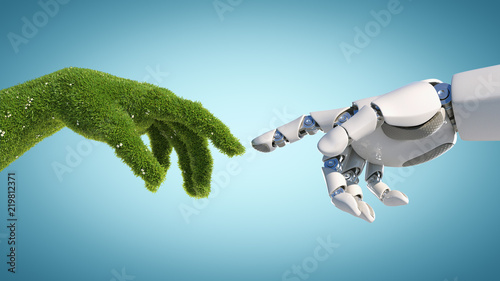 Nature and technology abstract concept, robot hand and natural hand covered with grass reaching to each other, tech and nature union, cooperation, 3d rendering