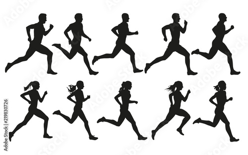 Run. Running men and women, vector set of isolated silhouettes