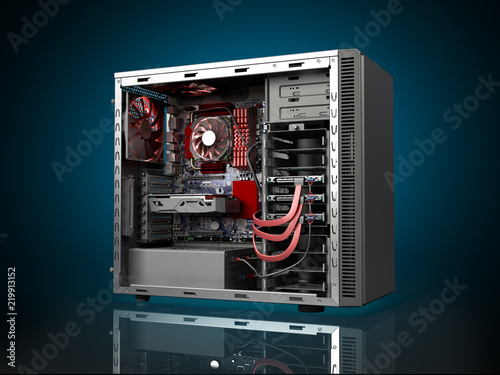 open PC case with internal parts motherboard cooler video card power supply HDD drives 3d render on darck blue