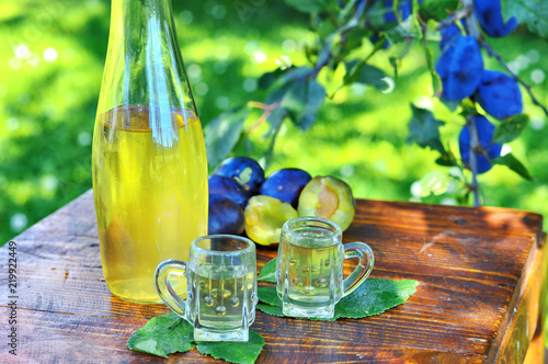  A well-known brand rakia slivovista in shot glasses with plums on wooden table in orchard. Serbian brand alcoholic drink of organic production 