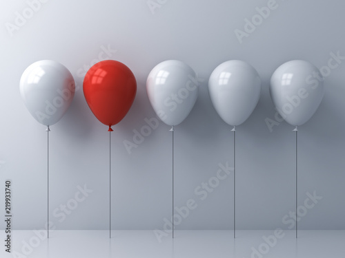 Stand out from the crowd and different idea concepts One red balloon among other white balloons on white wall background with reflections and shadows 3D rendering