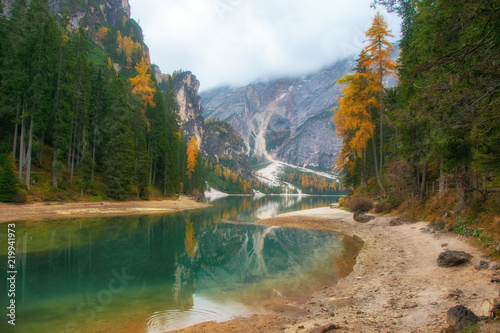 Fall scenery of lake Braies, Dolomite Alps, Italy