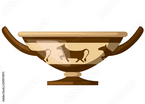 Ancient Greece kylix drinking cup. Ancient wine cup cylix with patterns. Greek pottery icon. Flat vector illustration isolated on white background
