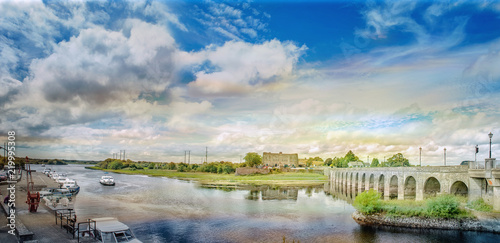 Panoramic colorful landscape with Shannonbridge on a river Shannon, Ireland.