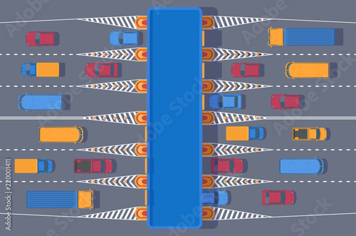 Checkpoint of collection on autobahn and toll road . Car and roadside point. Highway toll area with transport. Top view illustration.