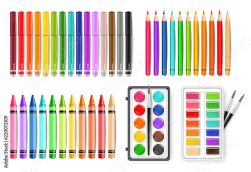 Colorful pen, marker and watercolor palette tools set Vector realistics