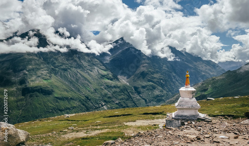 Ritual buddhist stupa on Rohtang La mountain pass in indian Himalaya