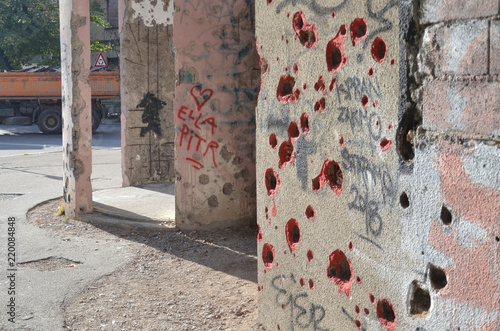 Destroyed and damaged building during war in Bosnia. The mark of bullets still can be seen around Mostar.