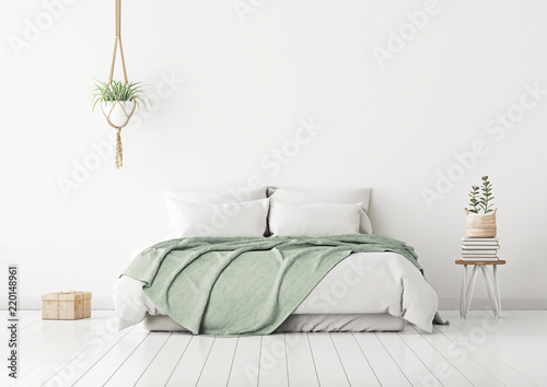 Home bedroom interior mockup with bed, green plaid, pillows and plants on empty white wall background. 3D rendering.