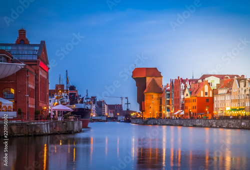 Motlawa quay and old town of Gdansk at night, Poland, retro toned