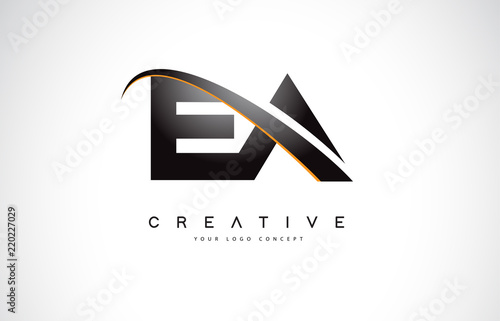 EA E A Swoosh Letter Logo Design with Modern Yellow Swoosh Curved Lines.
