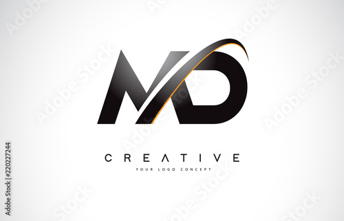 MD M D Swoosh Letter Logo Design with Modern Yellow Swoosh Curved Lines.