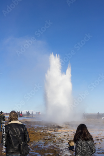 Eruption of Strokkur Geyser at the Geysir geothermal Park on the Golden circle in Iceland.