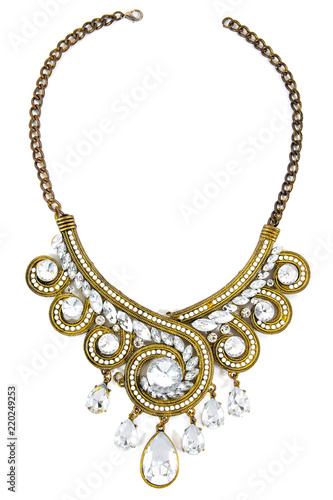 Old elegance gold and diamonds necklace isolated on white background