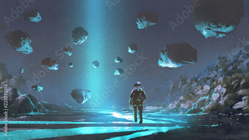 astronaut on turquoise planet with glowing blue minerals, digital art style, illustration painting