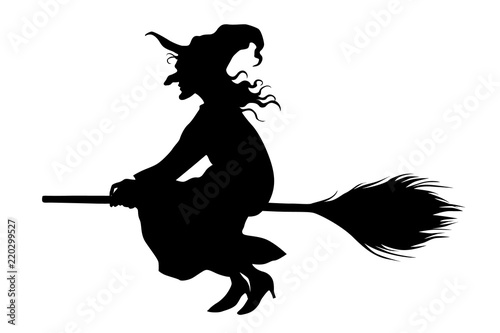 Vector witch flying on a broomstick on white background.