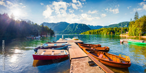 Panorama of summer sunny morning on the Bohinj Lake