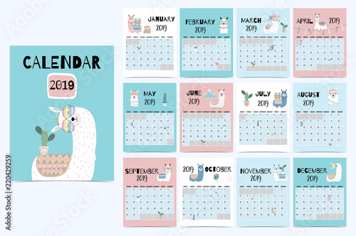 Cute monthly calendar 2019 with llama,luggage,cactus,geometrical,glasses,heart for children.Can be used for web,banner,poster,label and printable