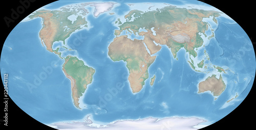 Map of the world in Robinson projection - shaded relief, the map colors gradually blend into one another across regions and from lowlands to highlands - 3D rendering