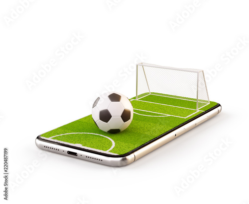 Unusual 3d illustration of a soccer field and soccer ball on a smartphone screen. Watching soccer and betting online concept