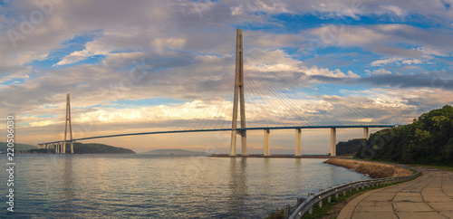 Panorama of the bridge on Russky island in Vladivostok