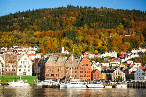 Bryggen, the old wharf and landmark of Bergen, Norway in a sunny day -popular tourist atrraction