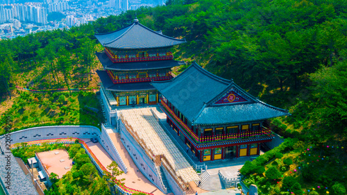 Aerial view of Samgwangsa temple in Busan city of South Korea. Thousands of paper lanterns decorate Samgwangsa Temple in Busan, South Korea.