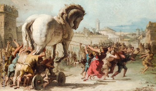 Painting depicting the entrance of the wooden horse to Troy . Giovanni Domenico Tiepolo