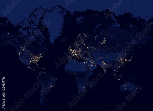 Map of the world at night in Mercator projection (no Antarctica) - shaded relief, the map colors gradually blend into one another across regions and from lowlands to highlands - 3D rendering