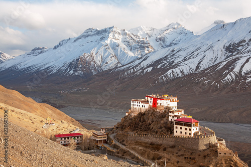 Picturesque view of the Key Gompa Monastery (4166 m) at sunset. Spiti valley, Himachal Pradesh, India.