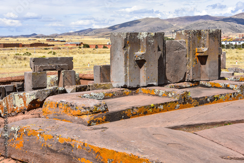 Elaborate stone carving in megalithic stone at Puma Punku, part of the Tiwanaku archaeological complex, a UNESCO world heritage site near La Paz, Bolivia.