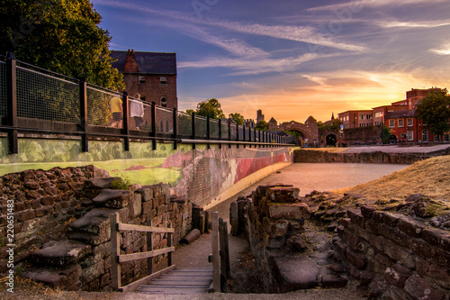 Sunset view of the Roman Amphitheatre in Chester, England, the largest so far uncovered in Britain.