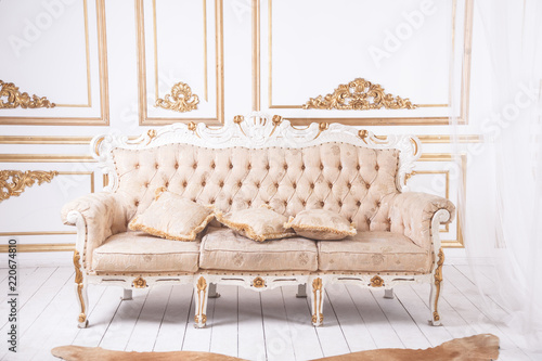 Antique luxury sofa against royal wall decoration.